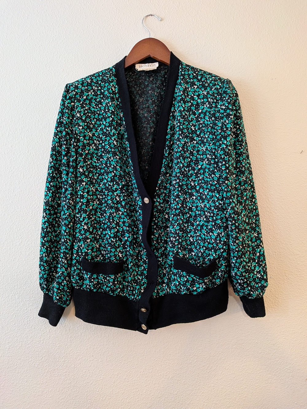 Vintage Julie Frances Floral Button-Front Jacket - Teal/Black (Missing Buttons)